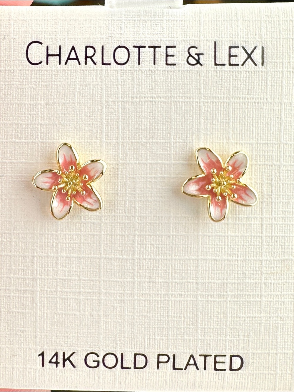 NIB Charlotte & Lexi 14K Gold Plated Pink Flower Stud Earrings